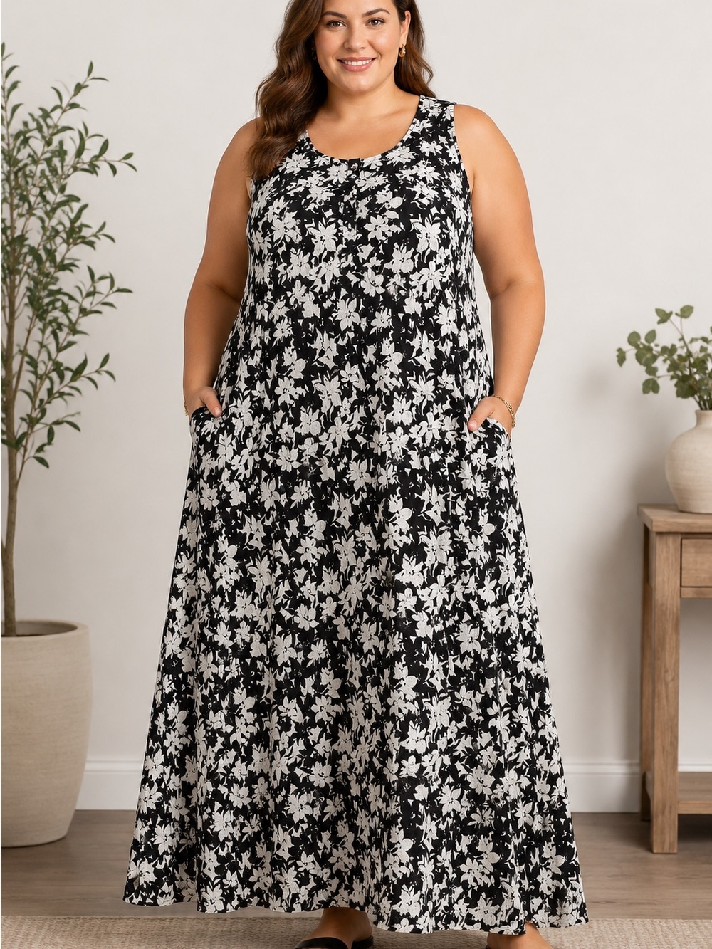 Woman Within 1X Black White Floral Sleeveless Maxi Dress